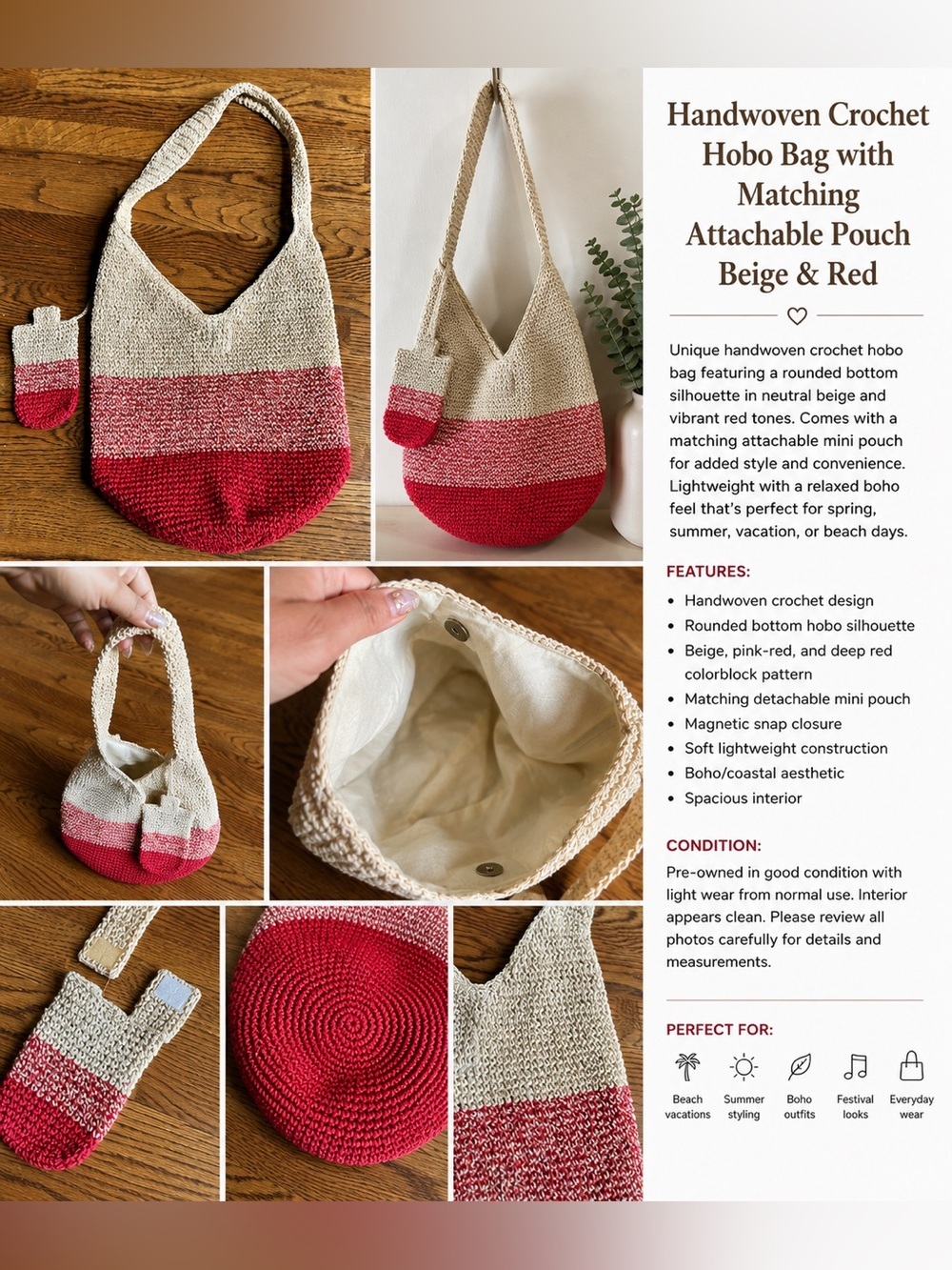 Handwoven Crochet Hobo Bag with Matching Attachable Pouch Beige & Red